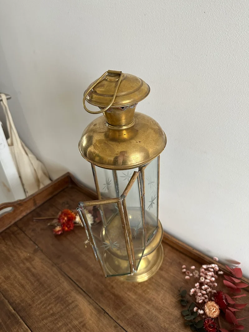 Lanterne à bougie en laiton vitre gravée XIX ème