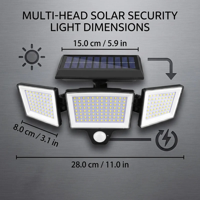 Triple Head Solar Motion Sensor Outdoor Flood Lights Boasting Kickin 208 Led Glow Heavy Duty Rechargeable Weatherproof Patio Yard Driveway Security Kit Gray Model