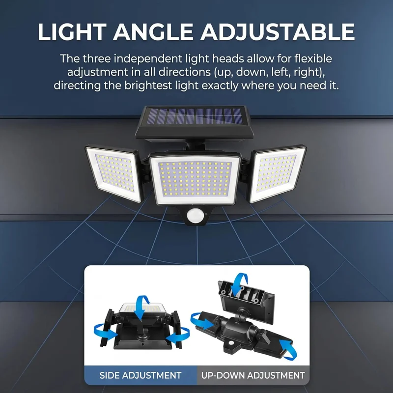 Triple Head Solar Motion Sensor Outdoor Flood Lights Boasting Kickin 208 Led Glow Heavy Duty Rechargeable Weatherproof Patio Yard Driveway Security Kit Gray Model
