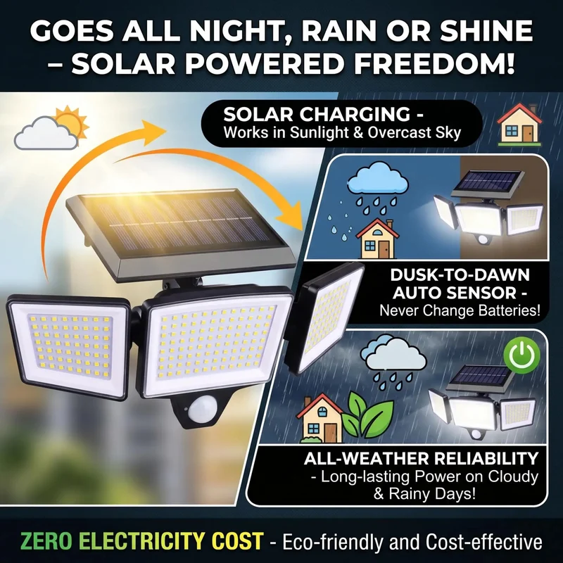 Triple Head Solar Motion Sensor Outdoor Flood Lights Boasting Kickin 208 Led Glow Heavy Duty Rechargeable Weatherproof Patio Yard Driveway Security Kit Gray Model