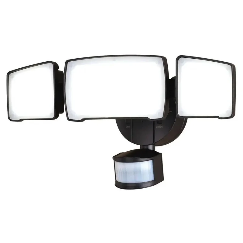 Reliable Badass Tri Head Motion Sensor LED Security Flood Light 5500 Lumen Adjustable Porch Spotlight Daylight Warm Bright White Settings Sleek Black Weatherproof Outdoor Mount