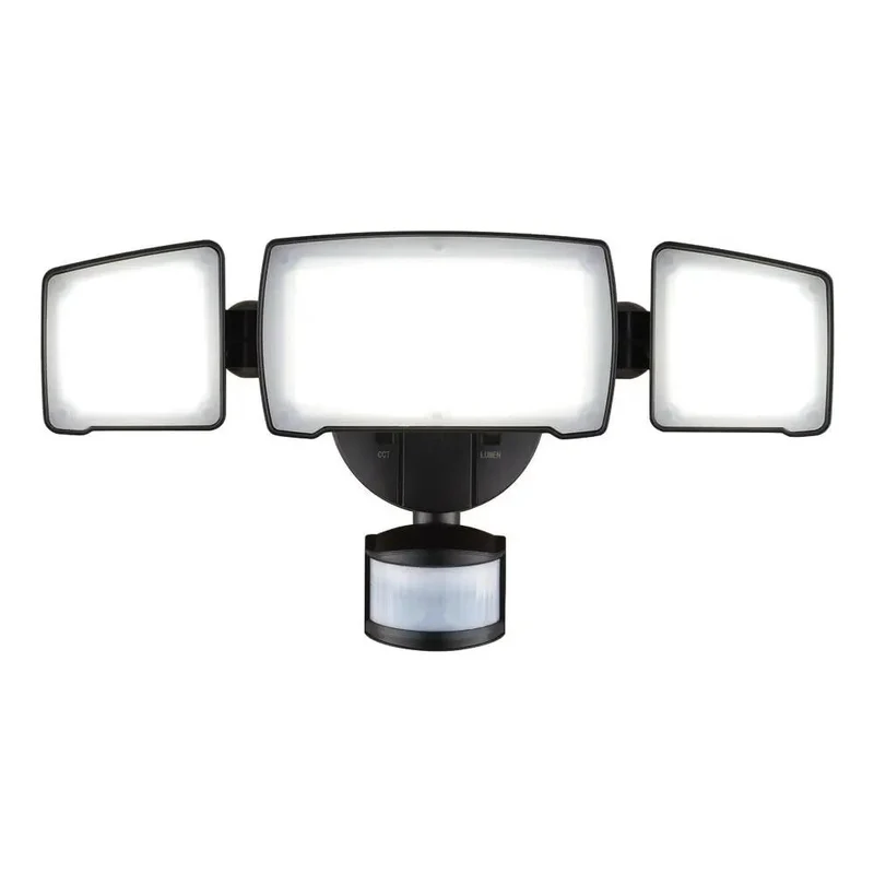 Reliable Badass Tri Head Motion Sensor LED Security Flood Light 5500 Lumen Adjustable Porch Spotlight Daylight Warm Bright White Settings Sleek Black Weatherproof Outdoor Mount