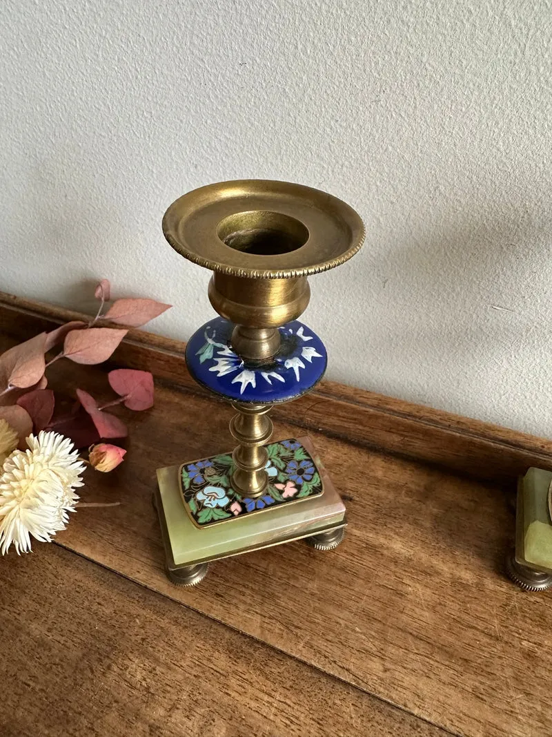 Bougeoirs en onyx et bronze cloisonné XIX ème