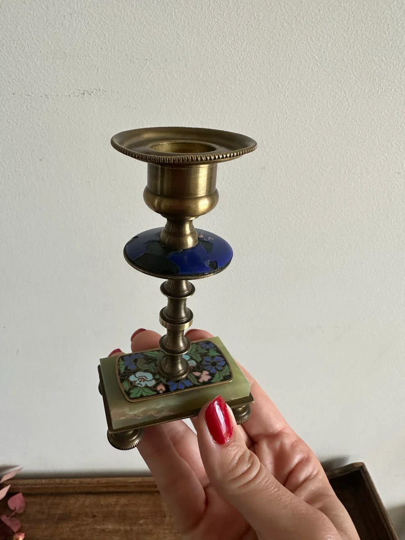 Bougeoirs en onyx et bronze cloisonné XIX ème
