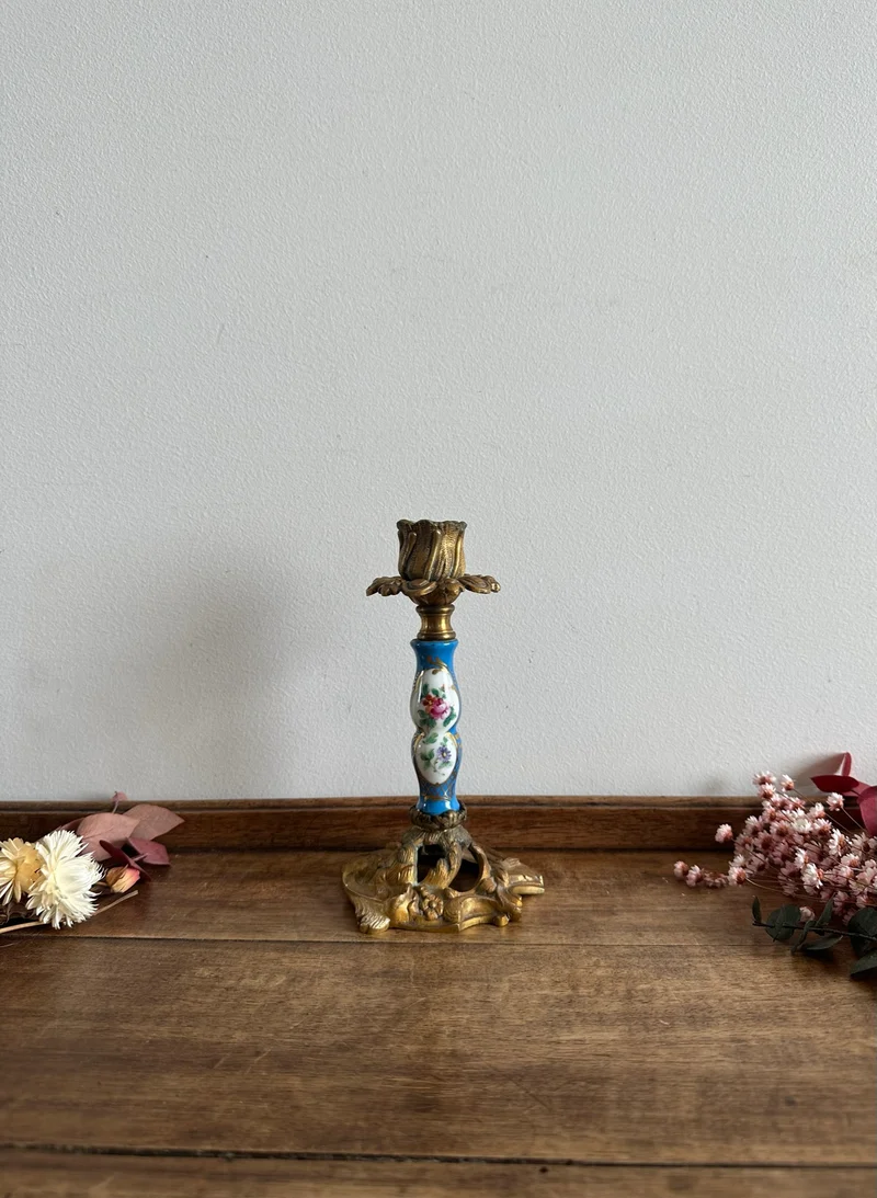 Bougeoir en bronze et porcelaine peinte XIXème