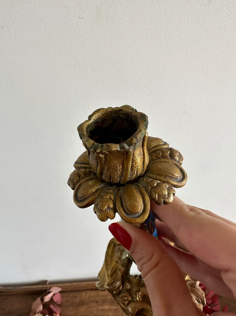 Bougeoir en bronze et porcelaine peinte XIXème