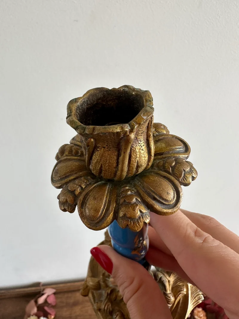 Bougeoir en bronze et porcelaine peinte XIXème