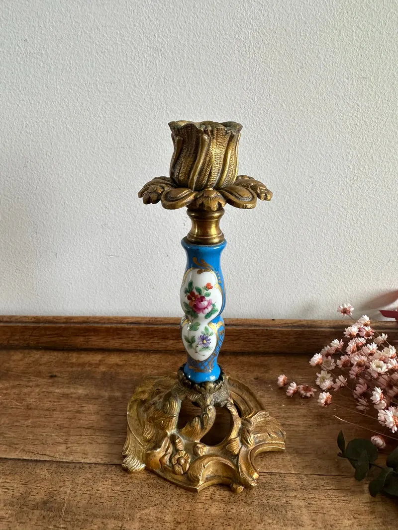 Bougeoir en bronze et porcelaine peinte XIXème