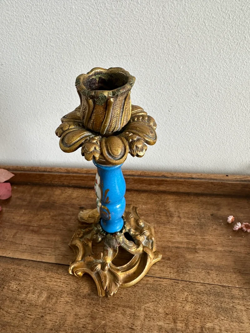 Bougeoir en bronze et porcelaine peinte XIXème