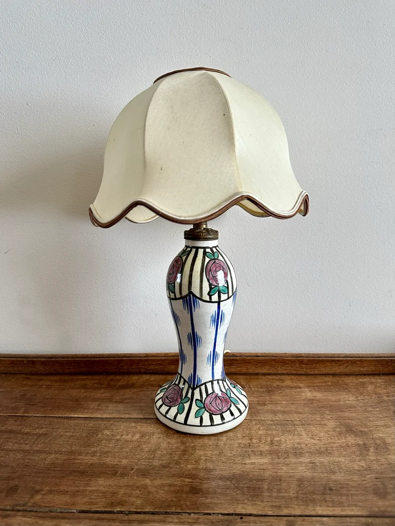 Lampe années 20 pied en céramique peinte à la main