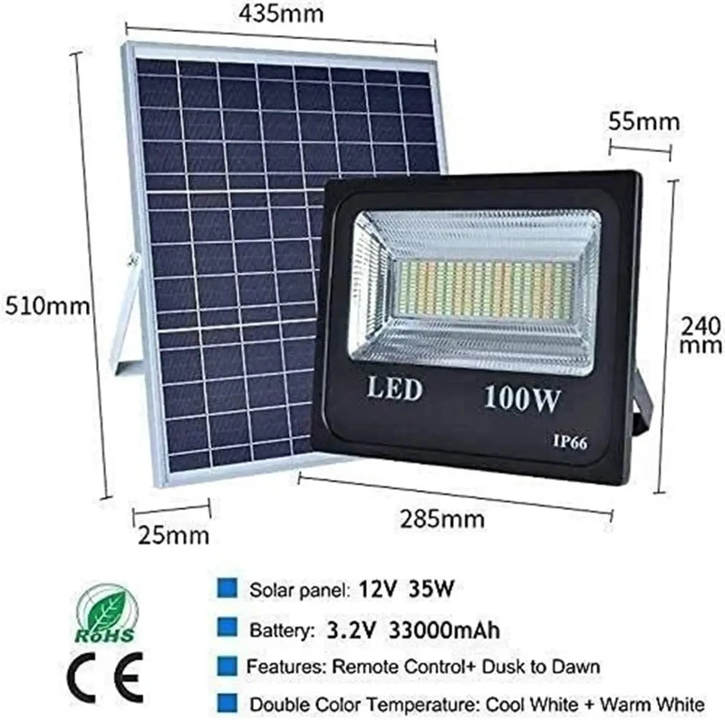 Heavy Duty 100 Watt LED Solar Flood Light Built To Perfection With Dual Cool And Warm White Switches For Rock Solid Yard Security Smooth Outdoor Lighting And A Total Game Change Setup