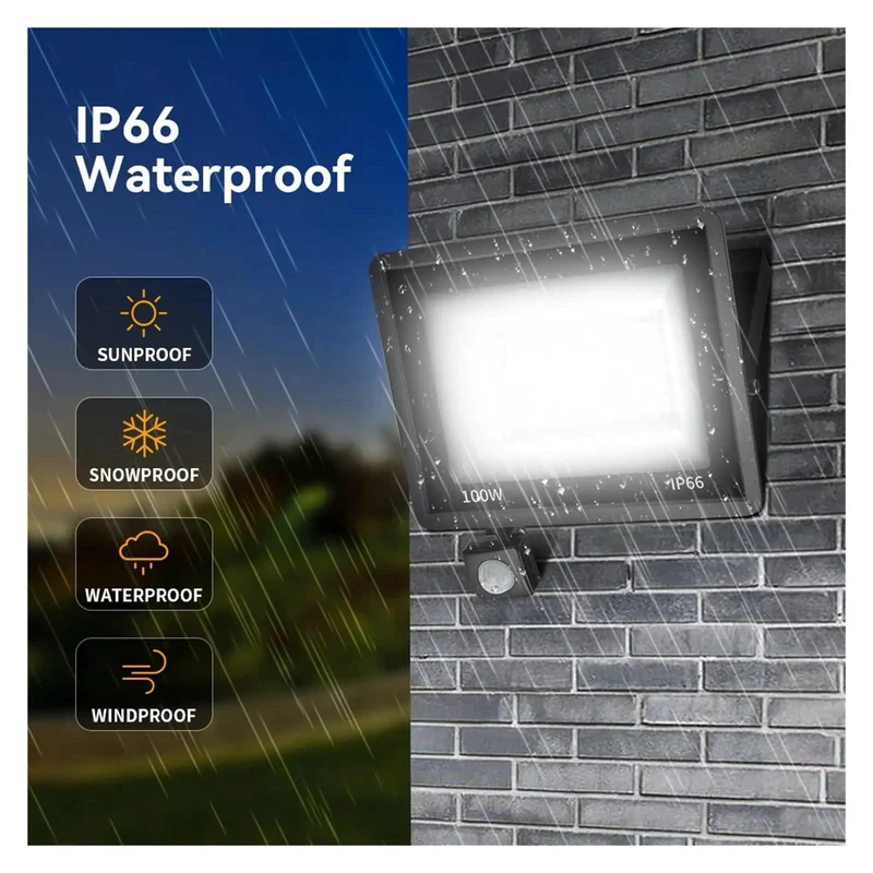 Judyssy 100W Led Pir Motion Sensor Floodlight With Ip66 Waterproof Rating For Outdoor Wall Mount Lighting. High Brightness 6000K White Spotlight Perfect For Garden, Courtyard, Warehouse And Secure Entryways