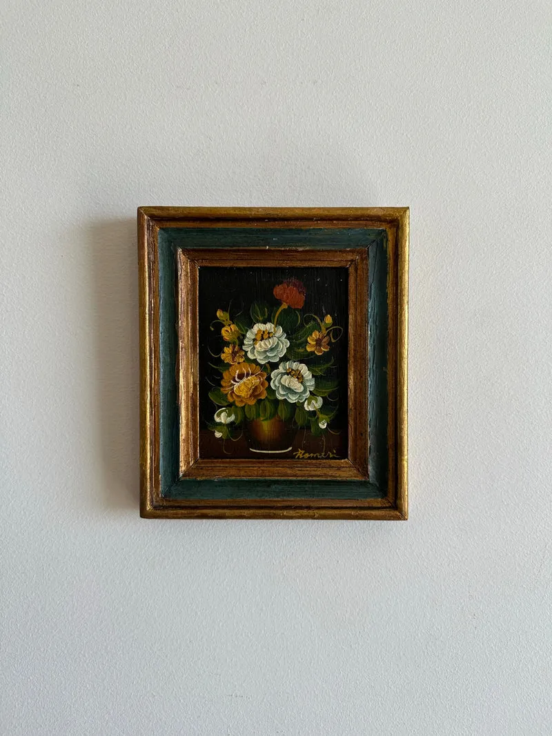 Peinture sur bois bouquet de fleurs signée Romeri dans cadre en bois bleu et or