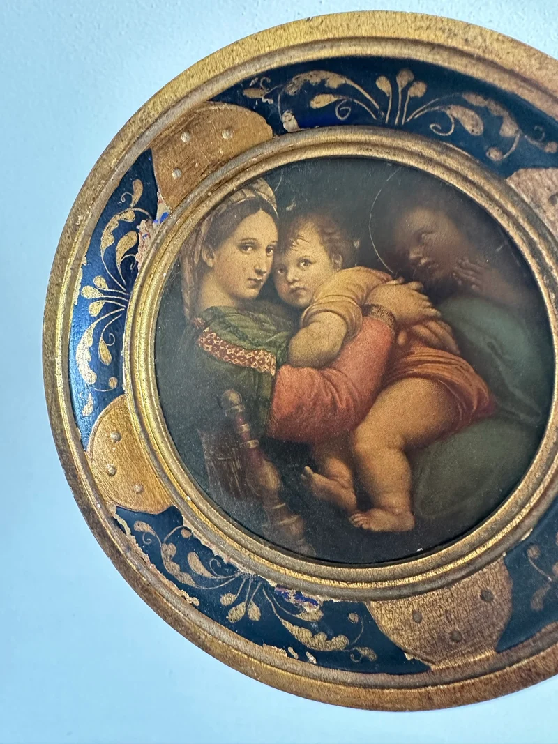 Médaillon en bois florentin rond bleu et or La Vierge à la chaise