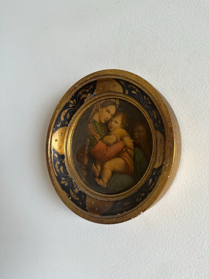 Médaillon en bois florentin rond bleu et or La Vierge à la chaise