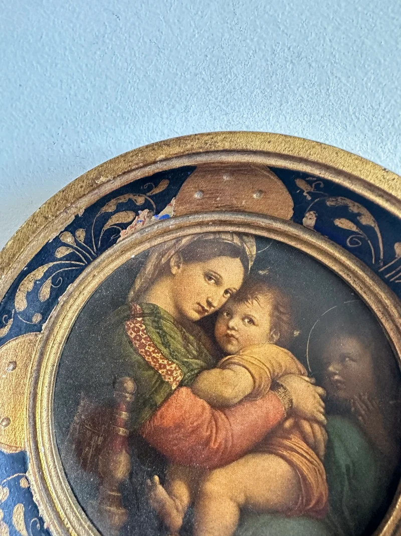 Médaillon en bois florentin rond bleu et or La Vierge à la chaise