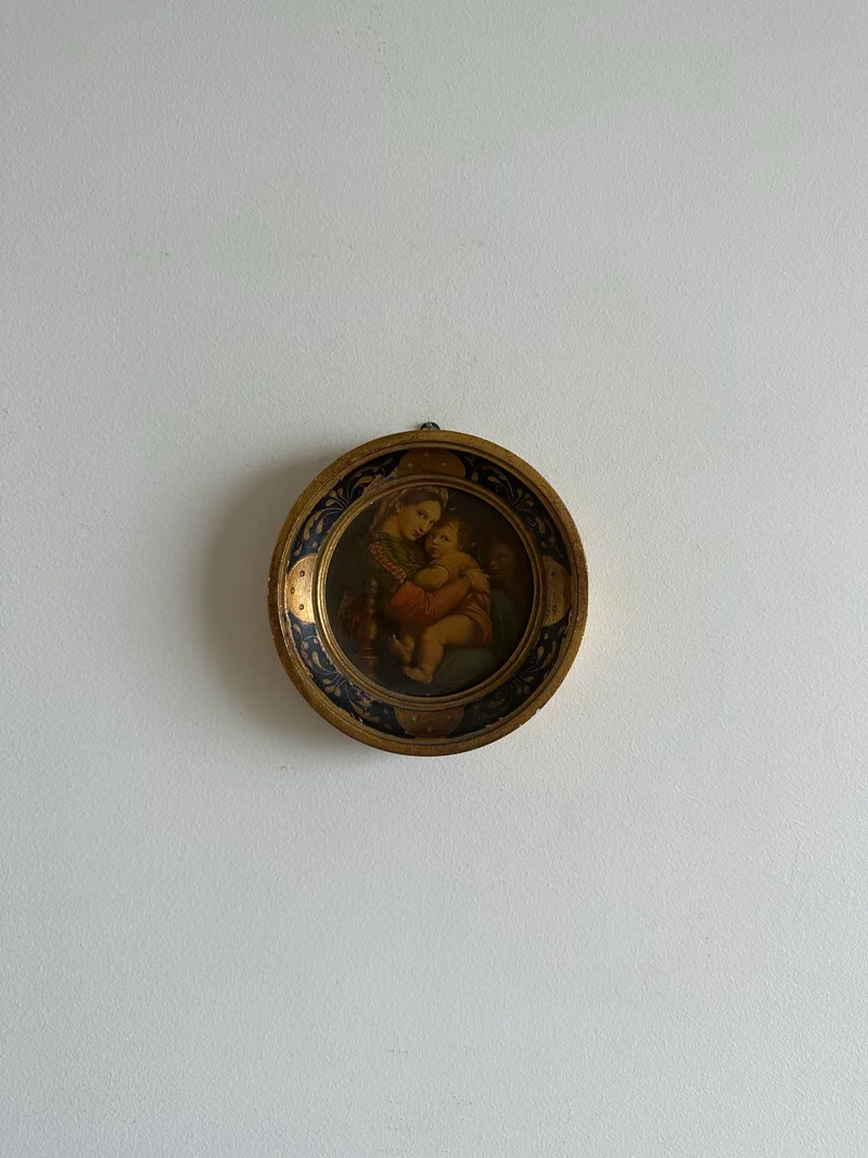 Médaillon en bois florentin rond bleu et or La Vierge à la chaise