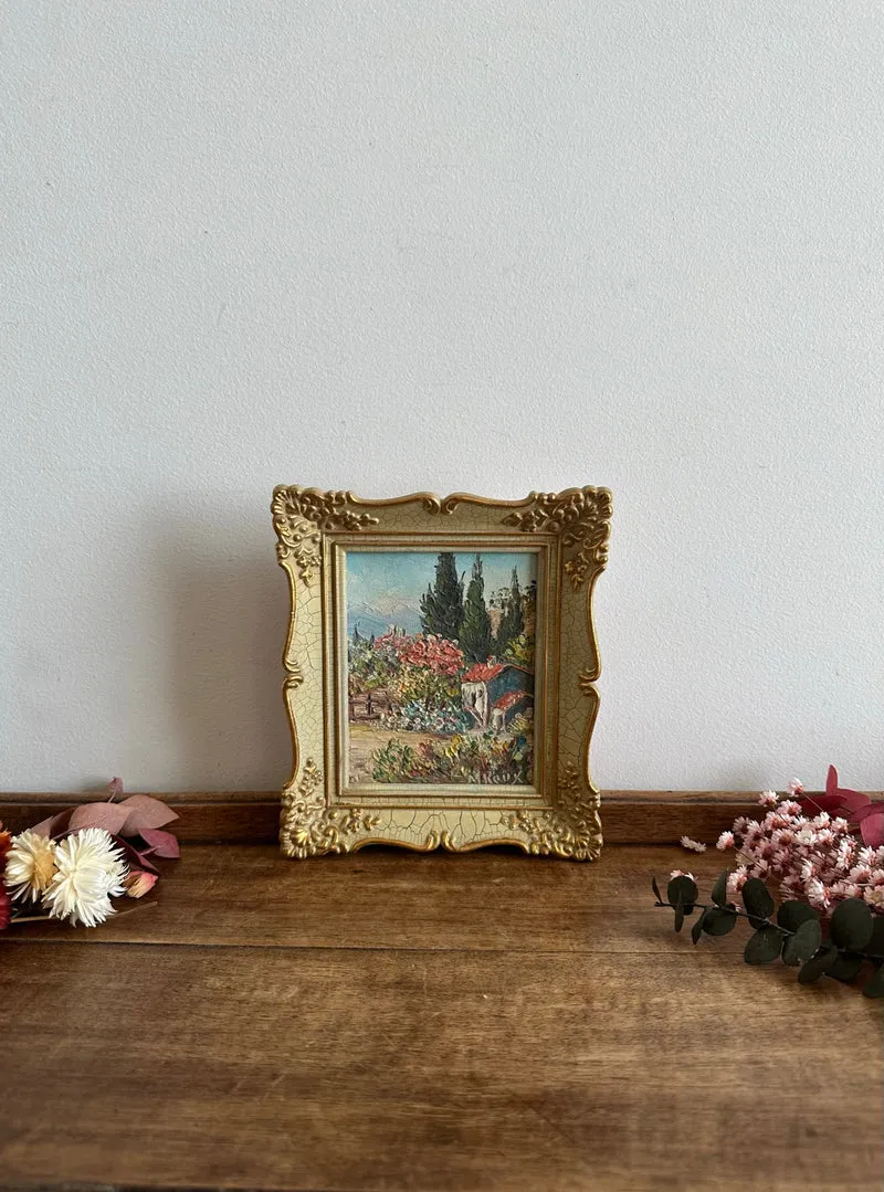 Peinture champêtre signée dans cadre rococo effet craquelé