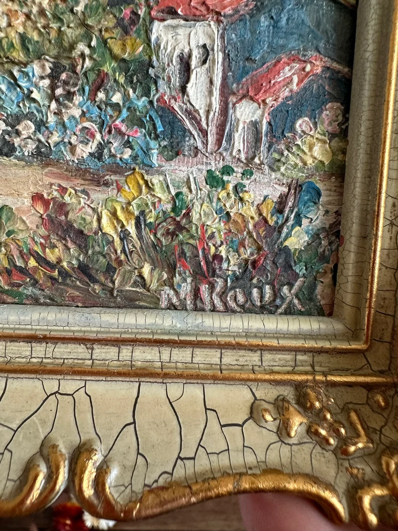 Peinture champêtre signée dans cadre rococo effet craquelé
