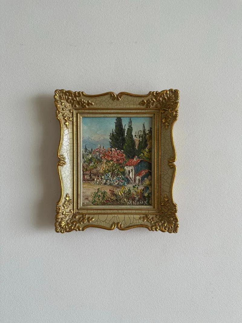 Peinture champêtre signée dans cadre rococo effet craquelé