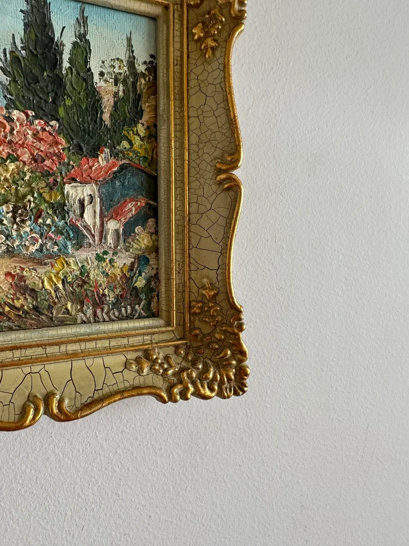 Peinture champêtre signée dans cadre rococo effet craquelé