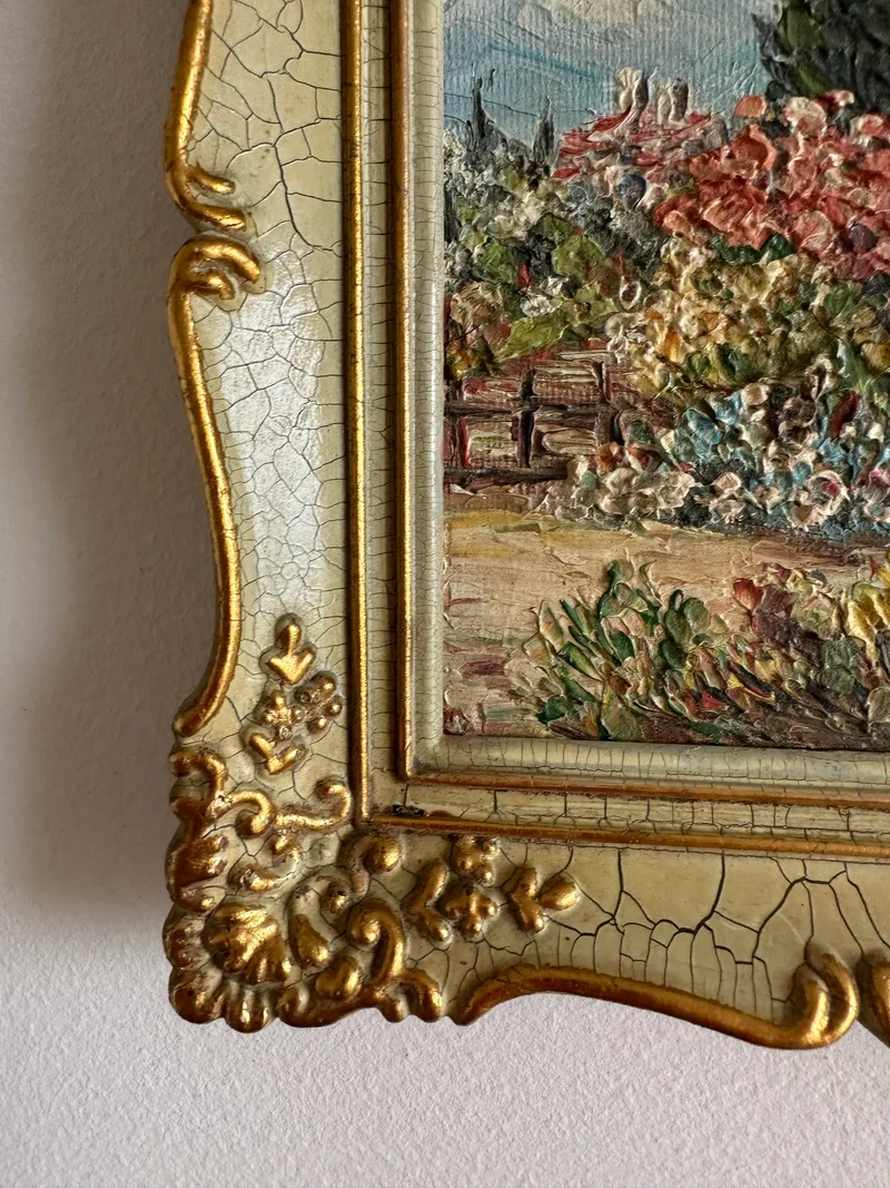 Peinture champêtre signée dans cadre rococo effet craquelé