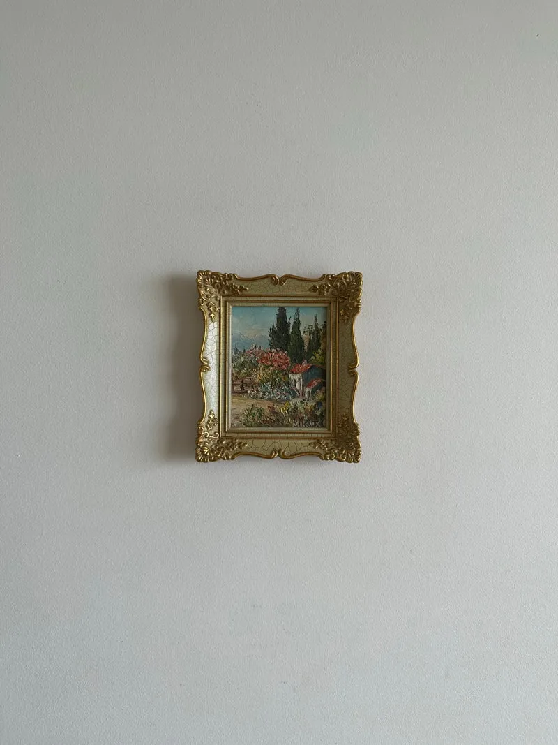 Peinture champêtre signée dans cadre rococo effet craquelé