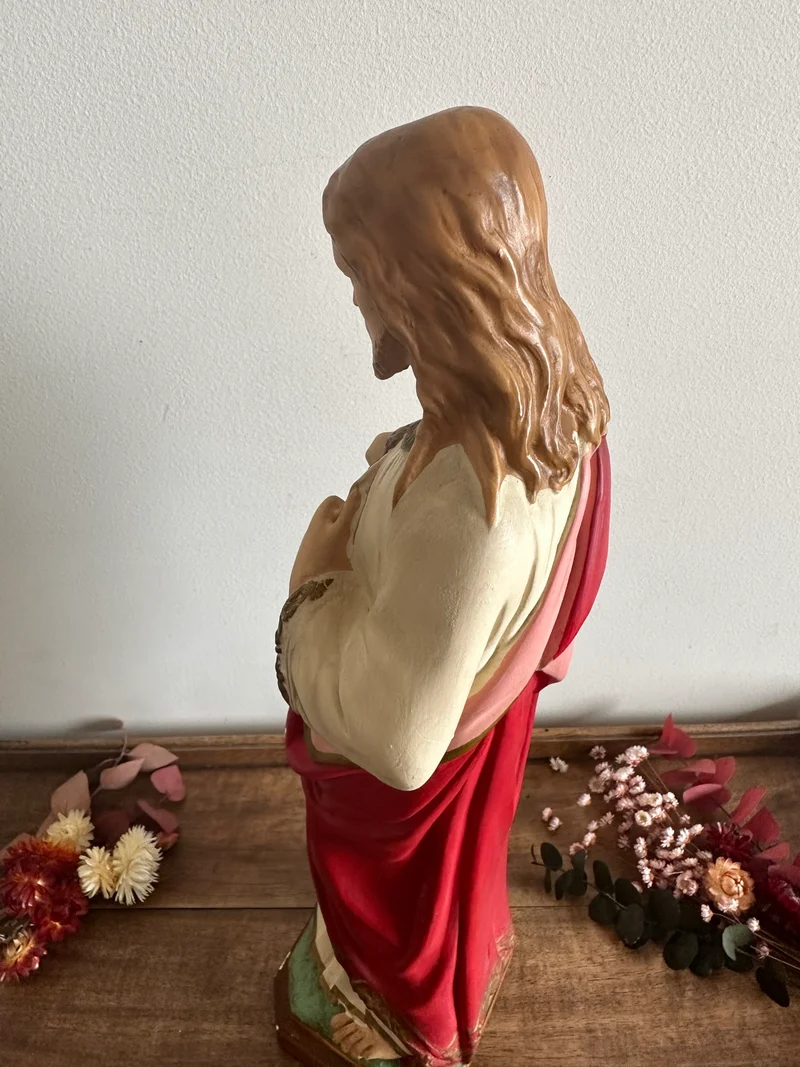Jésus christ Sacré cœur en plâtre grand format années 50