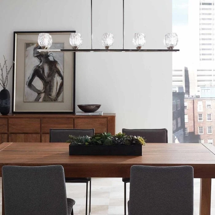 Lustre Long Argent et Abat Jour en Verre