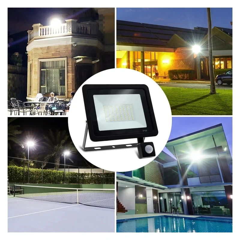 Built Tough PIR Motion Sensor LED Flood Light With IP66 Weatherproof Design And Adjustable Detection Range For Driveway Sidewalk Or Parking Lot Nighttime Security Daylight And Warm White Mode