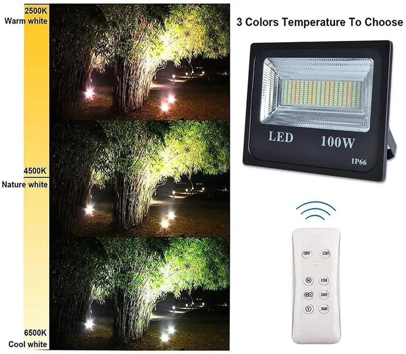 Badass 100W Solar Flood Lights With Remote Hella Bright IP66 Waterproof Outdoor Spotlight Three Color Temps For Yard And Parking Lot Areas That Always Shine Bright