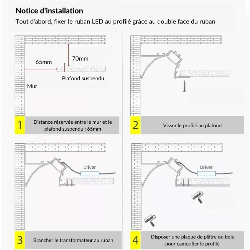 Profilé Aluminium Blanc 2m pour Ruban LED simple pour Faux-Plafond