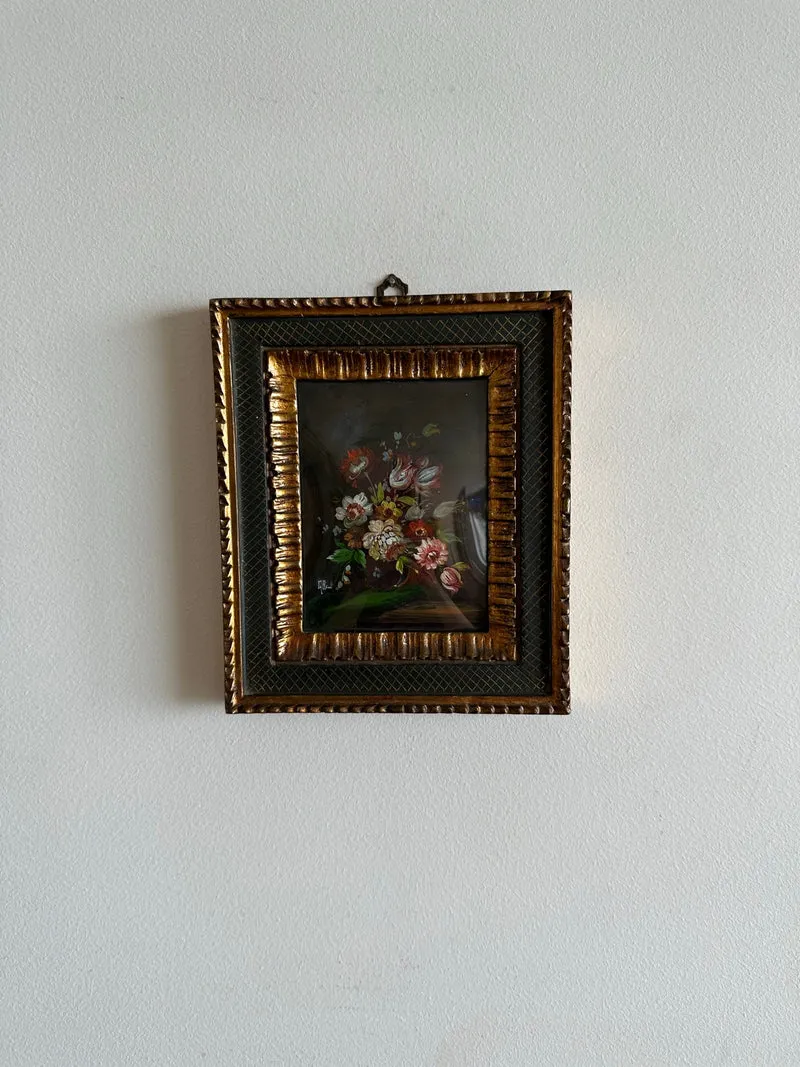 Peintures bouquets de fleurs encadrement vert et or travaillé