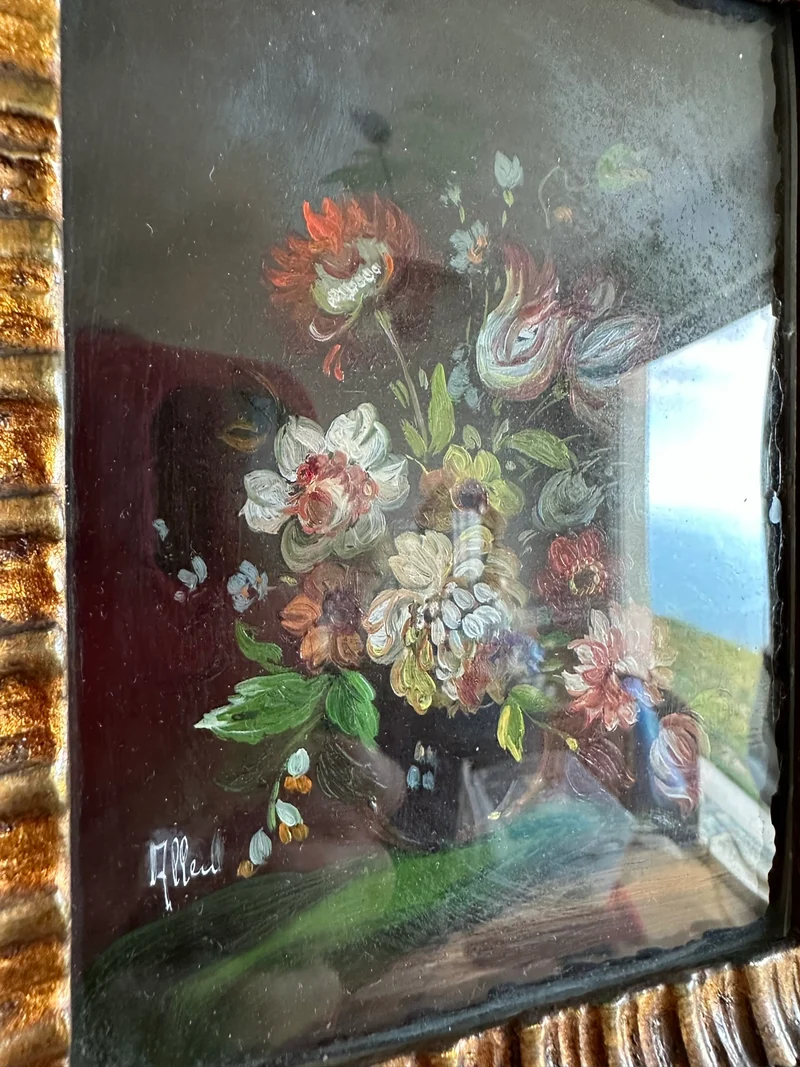 Peintures bouquets de fleurs encadrement vert et or travaillé