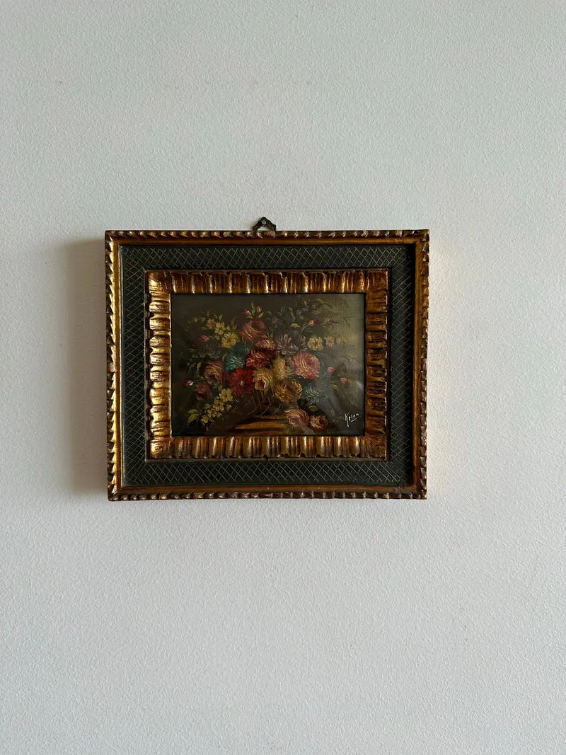 Peintures bouquets de fleurs encadrement vert et or travaillé