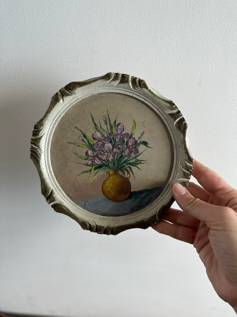 Peinture bouquet de fleurs cadre rond en bois