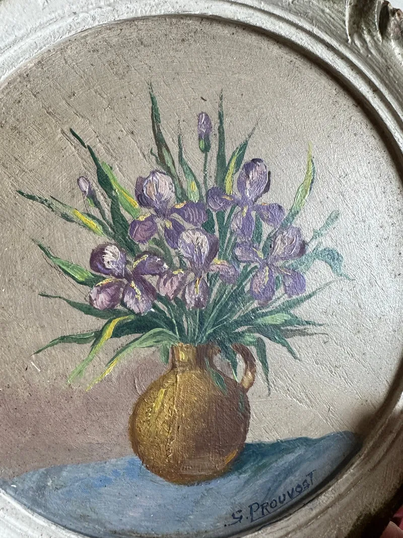 Peinture bouquet de fleurs cadre rond en bois