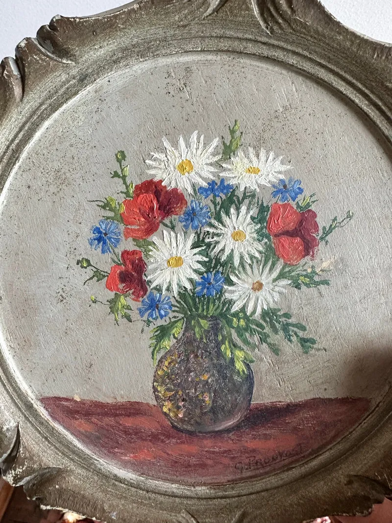 Peinture bouquet de fleurs cadre rond en bois