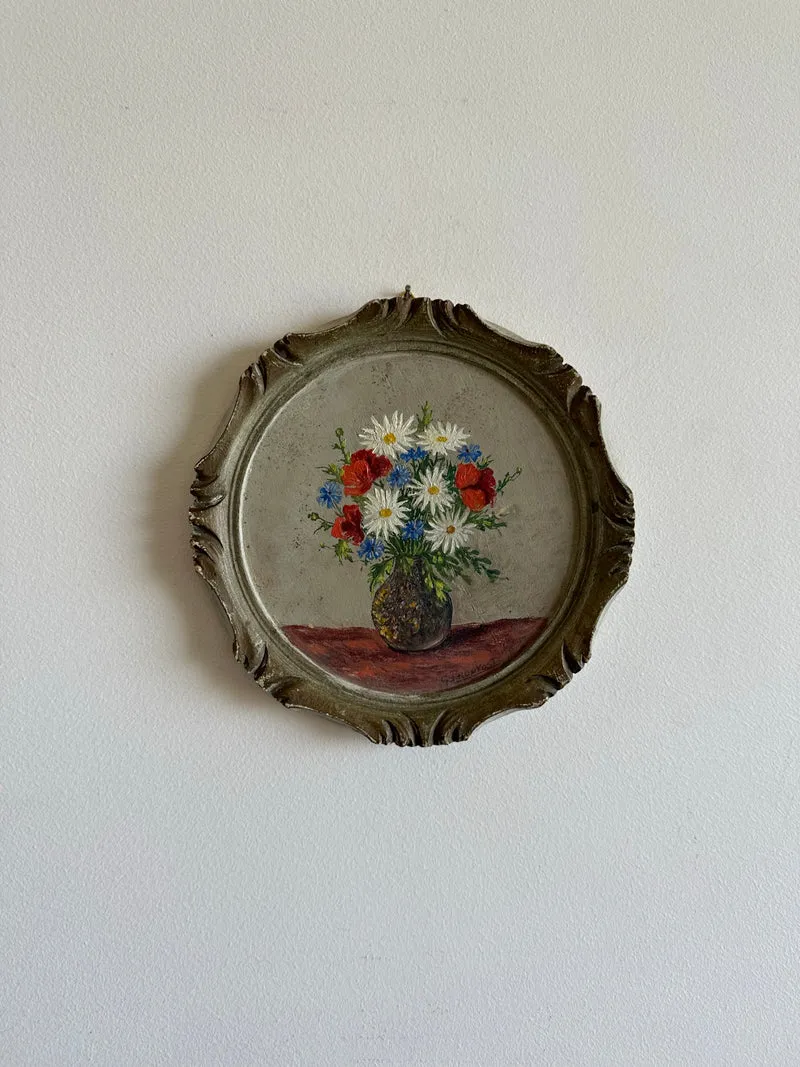 Peinture bouquet de fleurs cadre rond en bois