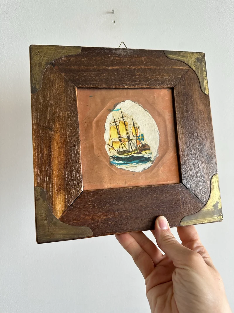 Navires sur cuivre encadrement bois carré
