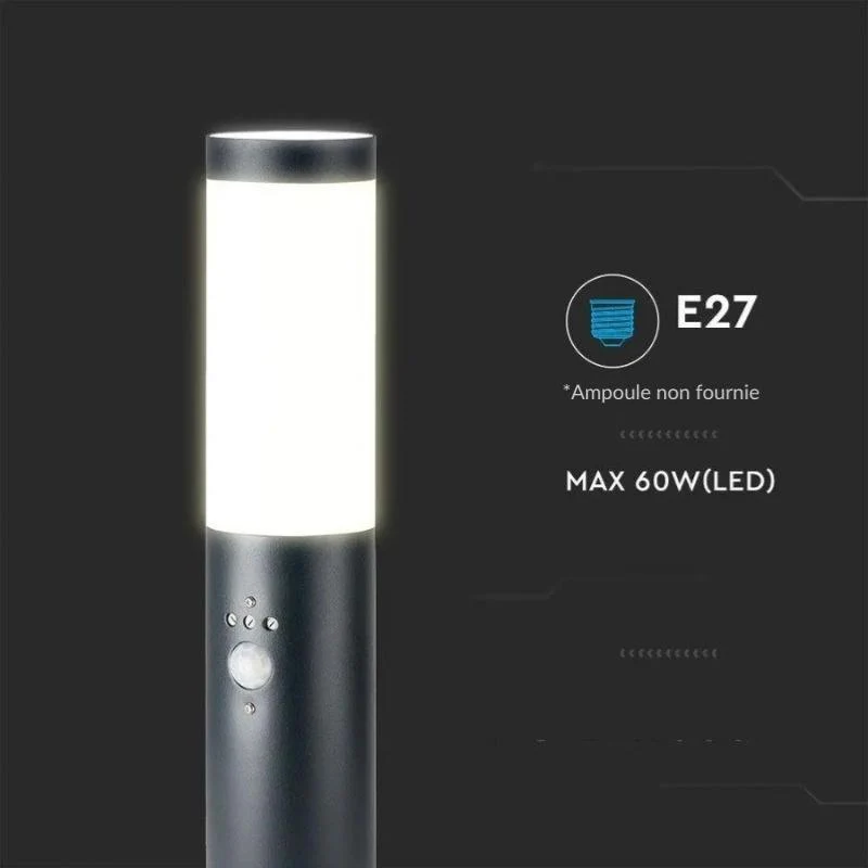 Borne Extérieur Anthracite avec Détecteur 80cm pour Ampoule E27 IP44