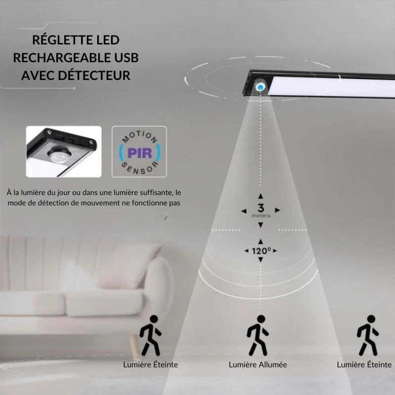 Réglette LED Rechargeable USB 40cm 2W Noire avec Détecteur de mouvement