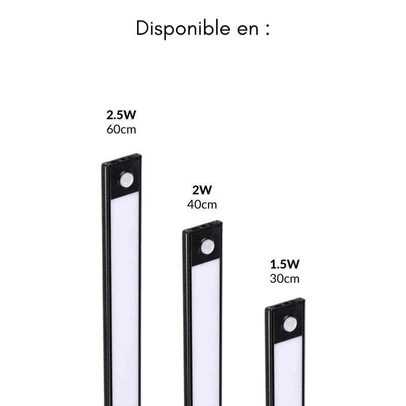 Réglette LED Rechargeable USB 40cm 2W Noire avec Détecteur de mouvement