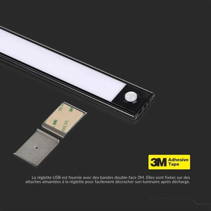 Réglette LED Rechargeable USB 30cm 1,5W Noire avec Détecteur de mouvement