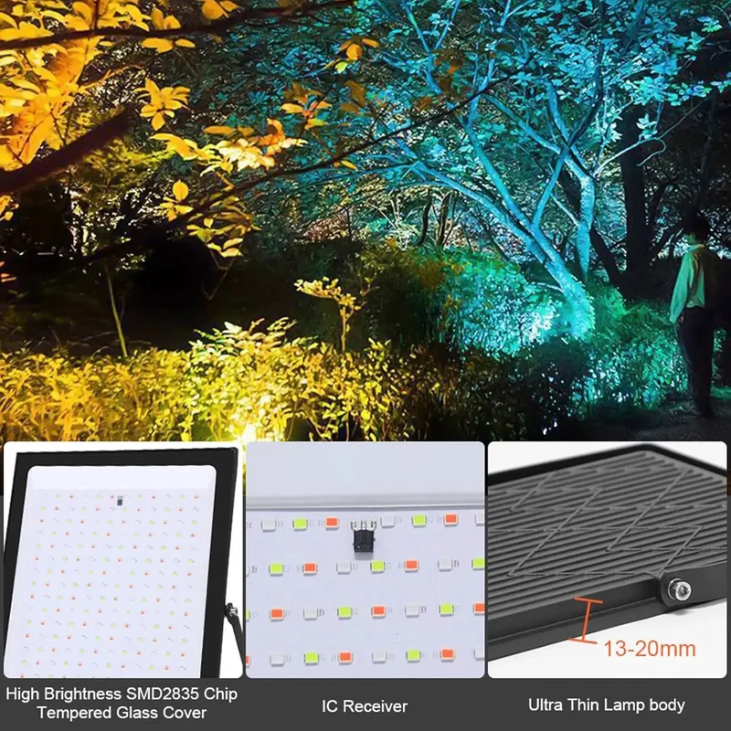 Ultra Slim RGB LED Floodlight Packed With Full Color Changing Scenes And Simple Remote Control For Driveway Duty Or Business Lots That Throws Down Bright Light Without Breaking Bank In Ip66 Housing