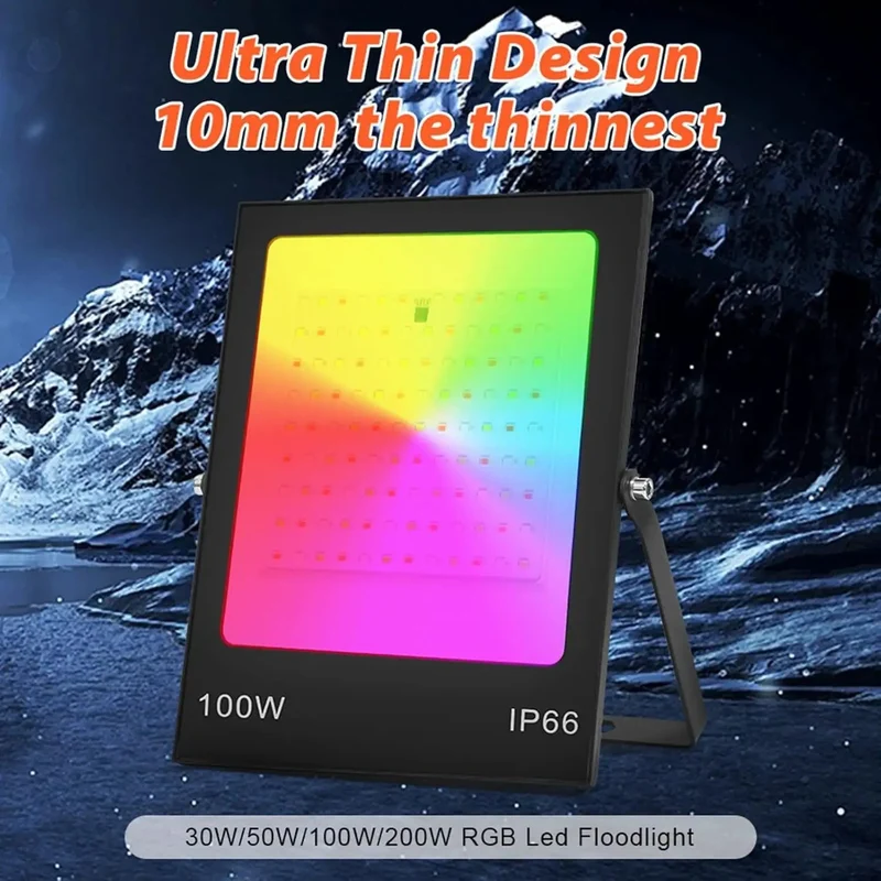 Ultra Slim RGB LED Floodlight Packed With Full Color Changing Scenes And Simple Remote Control For Driveway Duty Or Business Lots That Throws Down Bright Light Without Breaking Bank In Ip66 Housing