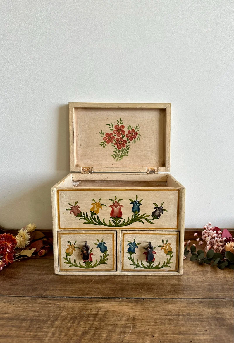 Coffret à bijoux en bois et stuc peint à la main 2 tiroirs