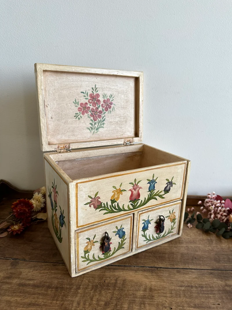 Coffret à bijoux en bois et stuc peint à la main 2 tiroirs