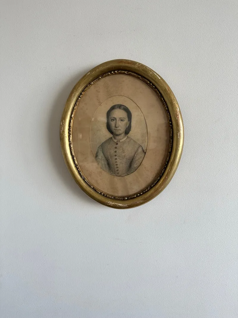 Portrait de jeune fille dans cadre en bois oval 1880