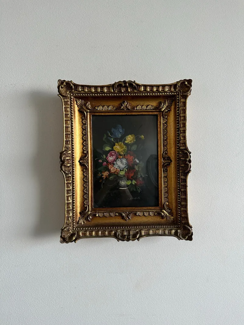Peinture sur cuivre signée bouquet de fleurs bleues et jaunes